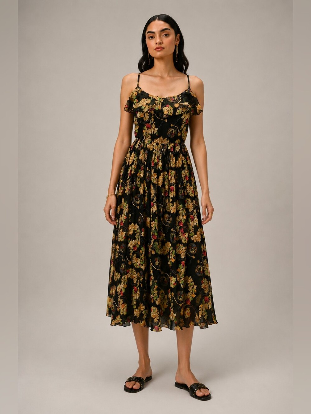 London By Dragon Black Floral Chiffon Maxi Dress S